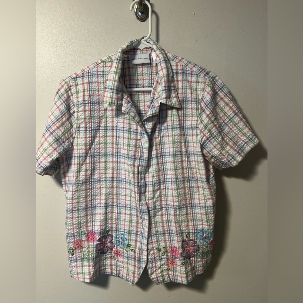Adorable Alfred Dunner Red and Blue green embroidered button up Plaid Blouse